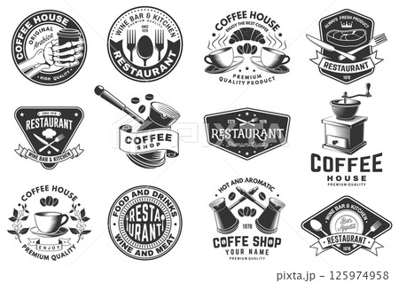 Set of Restaurant and Coffee shop logo. Vector. Vintage graphic design for logotype with plate, steak, cloche with lid, fork and knife, coffee cup, branch of coffee tree, grinder Set of Restaurant and Coffee shop logo. Vector. Vintage graphic design for logotype with plate, steak, cloche with lid, fork and knife, coffee cup, branch of coffee tree, grinder 125974958
