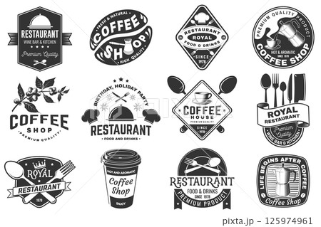 Set of Restaurant and Coffee shop logo. Vector. Vintage graphic design for logotype with plate, steak, cloche with lid, fork and knife, coffee cup, branch of coffee tree, grinder Set of Restaurant and Coffee shop logo. Vector. Vintage graphic design for logotype with plate, steak, cloche with lid, fork and knife, coffee cup, branch of coffee tree, grinder 125974961