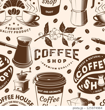 Coffee shop seamless pattern or background. Vector Seamless scene with paper coffee cup, branch of coffee tree, grinder silhouette. Coffee shop background for wallpaper or wrapper 125974964