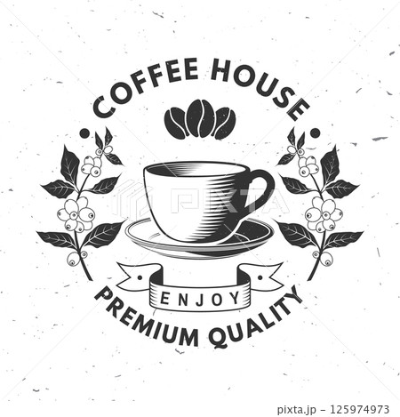 Coffee house. Vector illustration. Concept for cafe and restaurant logo, brand, label. Vintage Coffee House Logo with Cup, Beans and coffee tree branch 125974973