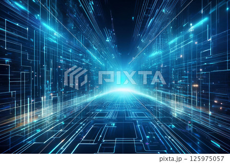 Futuristic glowing data corridor with blue digital lines and grids, representing high-speed network connections, virtual reality, cybersecurity systems, or advanced data processing technologies 125975057