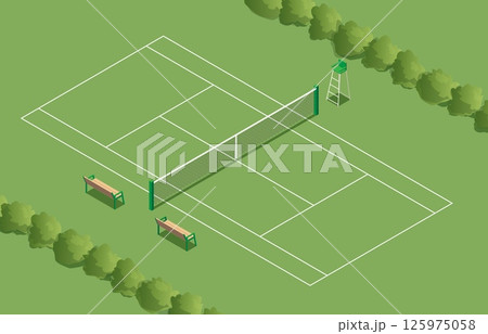 Isometric outdoor tennis court with green grass field net benches and umpire chair surrounded by trees professional sports facility design for tournament or training illustration 125975058
