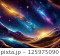 Vibrant cosmic landscape with glowing galaxies and colorful energy waves flowing over surreal hills, depicting a dreamlike universe perfect for fantasy, sci-fi, and imaginative visual storytelling 125975090