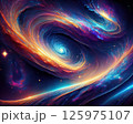 Brilliant galactic vortex with radiant cosmic trails and glowing stars, illustrating an abstract and surreal interpretation of energy and light swirling through deep outer space in a universe 125975107