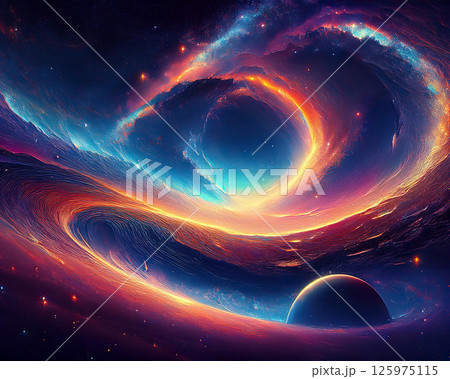 Vibrant cosmic swirl of a galactic vortex glowing with bright neon colors, stars scattered across deep space, and a mysterious dark planet below an abstract vision of a futuristic universe. 125975115