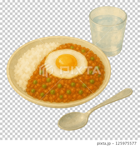 水彩風 キーマカレーと目玉焼きのイラスト 125975577