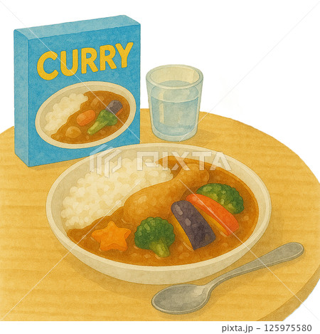 水彩風 レトルトカレーと盛り付けイラスト 125975580