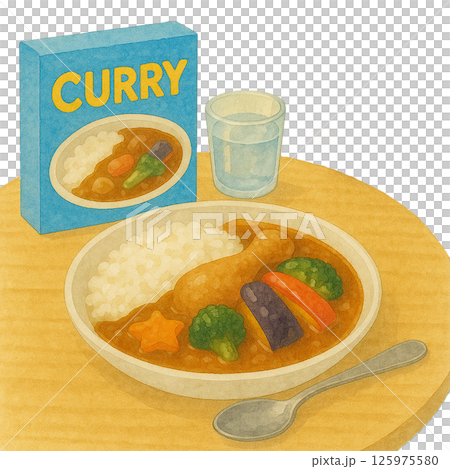 水彩風 レトルトカレーと盛り付けイラスト 125975580