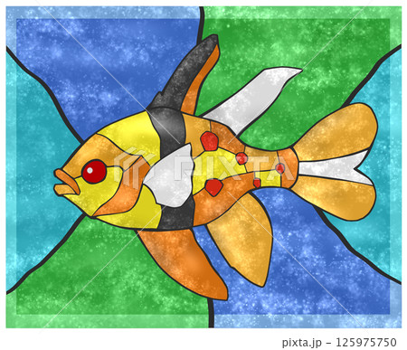 観賞魚マンジュウイシモチのカラフルタイル画風切り絵イラスト背景有り 125975750