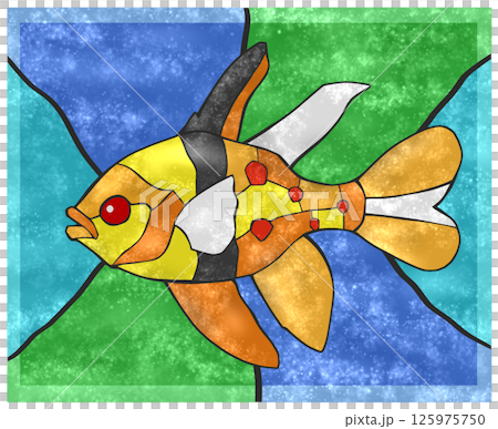 観賞魚マンジュウイシモチのカラフルタイル画風切り絵イラスト背景有り 125975750