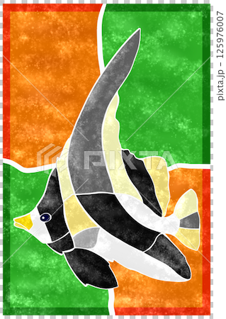 彩色郵票式剪紙插圖，描繪了觀賞魚（南沙錢魚）的背景 125976007