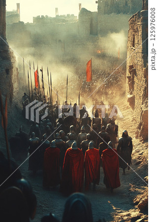 Knights prepare for battle at a fortress during the Crusades campaign 125976008