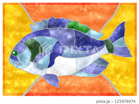 海水魚メジナのカラフルはんこ画風切り絵イラスト背景有り 海水魚メジナのカラフルはんこ画風切り絵イラスト背景有り 125976074