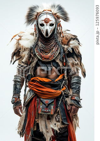 Indian warrior in full armor stands confidently on a white background 125976093