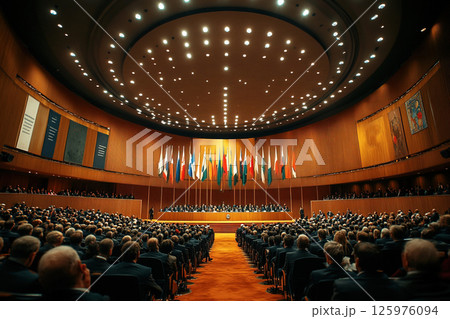 International representatives gather for significant discussions in a large conference hall 125976094