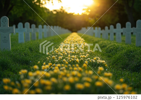 Sunset over military cemetery honoring fallen soldiers with flowers and serene atmosphere 125976102