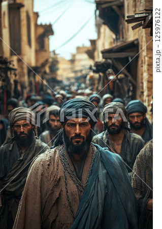 Chained individuals navigating the historical Arab slave market during ancient times 125976122