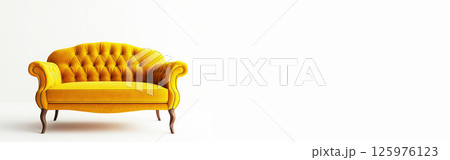 Stylish modern yellow sofa on white background for interior design ideas and home decor. Header banner mockup with copy space. 125976123