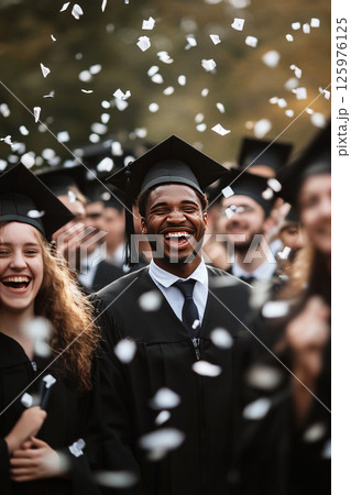 University students celebrate graduation joyfully in caps and gowns during a sunny ceremony 125976125
