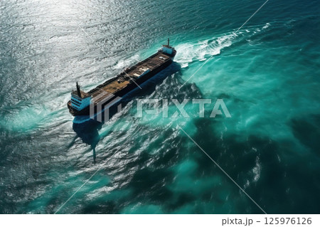 Tanker in accident pollutes nature with oil spill, ecological disaster, leaking ship holes, aerial view from drone. 125976126
