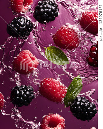 Red raspberry and blackberry on purple background. Wallpaper with berries . Still life for design. 125976175