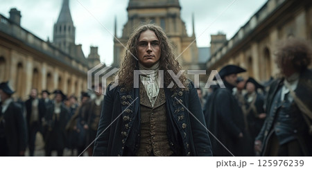 Isaac Newton walks through London in 1700 surrounded by historical figures in a bustling city. Header banner mockup with copy space. 125976239