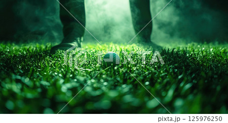 Player prepares to strike a golf ball on lush green grass under dim lighting. Header banner mockup with copy space. 125976250