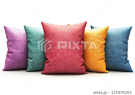 Decorative pillows in vibrant colors arranged on a white background for home decor inspiration. Header banner mockup with copy space. Decorative pillows in vibrant colors arranged on a white background for home decor inspiration. Header banner mockup with copy space. 125976263