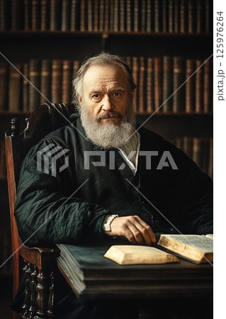 Galileo Galilei seated at a table surrounded by shelves filled with old books in his office 125976264