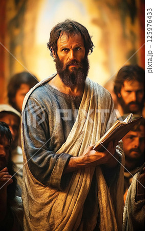 Apostle Paul leads a prayer gathering with his disciples in an ancient setting 125976433