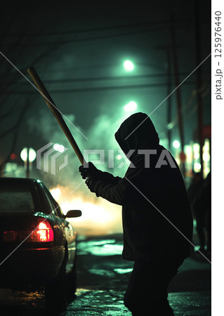 Hooligan prepares to attack a parked car with a bat at night 125976440