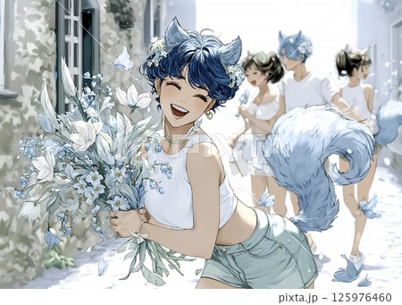 もらった花束を抱えて笑顔で歩くネコの妖精のイラスト素材 125976460