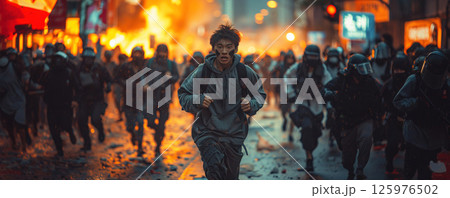 Asian protest of aggressive people in smoke, armed angry activists running. Burning cars, police with guns. 125976502