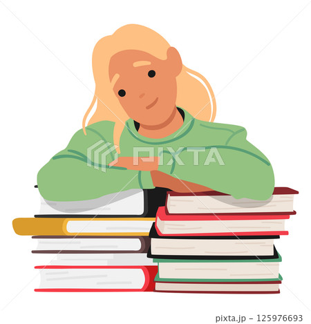 Pretty girl teenage student cartoon character with stack of folded textbooks isolated on white 125976693
