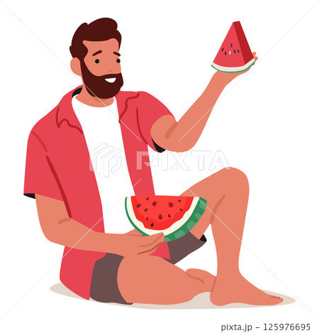 Man cartoon character eating juicy watermelon fruit enjoying sweet summer snack isolated on white 125976695