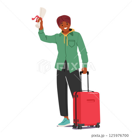 Happy smiling Indian boy student cartoon character holding diploma scroll standing with luggage bag Happy smiling Indian boy student cartoon character holding diploma scroll standing with luggage bag 125976700