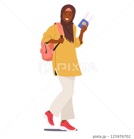 Happy smiling Muslim girl student cartoon character holding flight boarding pass and backpack Happy smiling Muslim girl student cartoon character holding flight boarding pass and backpack 125976702