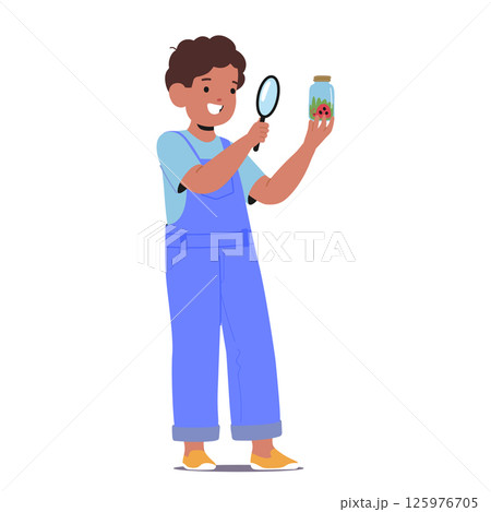 Boy cartoon character exploring insect using magnifying glass experiencing world with sight sense 125976705