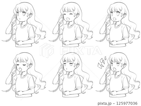 受話器を持って話す若い女性の線画・様々な表情6種類セット 125977036