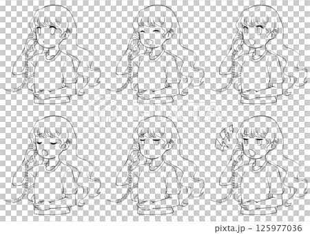 受話器を持って話す若い女性の線画・様々な表情6種類セット 125977036