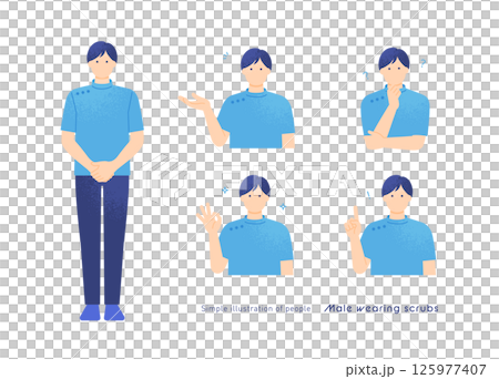 A man working at a chiropractic clinic or nursing care site. Gestures of a male therapist wearing a scrub. Vector illustration set. 125977407