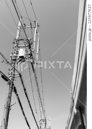 建設中の鉄道高架橋と電線防護管 東京都 東村山駅周辺 2025.04　f-5 モノクロ 125977637