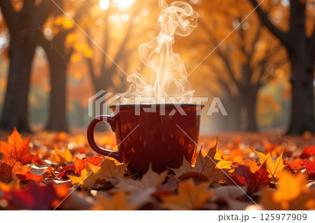Steaming cup in autumn leaves. 125977909