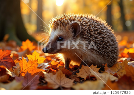 Hedgehog in autumn leaves. Hedgehog in autumn leaves. 125977926