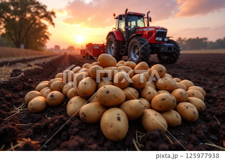 Pile of potatoes in a field with a tractor. 125977938