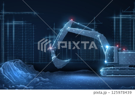 Digital construction site sketch with excavator. Building 3D Printing, Building Information Modeling 125978439