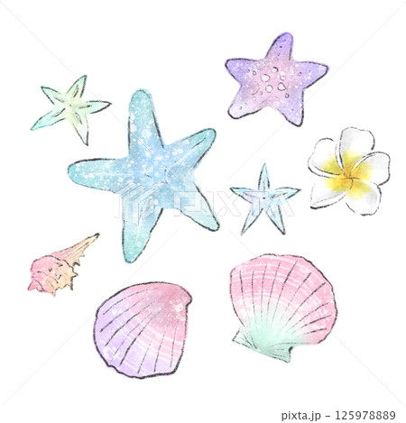 カラフルな貝殻とヒトデとプルメリアの夏イメージ水彩イラストセット 125978889