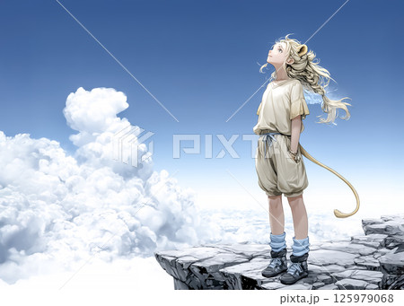 空を見上げるライオンの妖精のイラスト素材 125979068