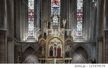 Architecture interior view is vaulted in oak and column made of marble inside The American Cathedral in Paris. 125979576