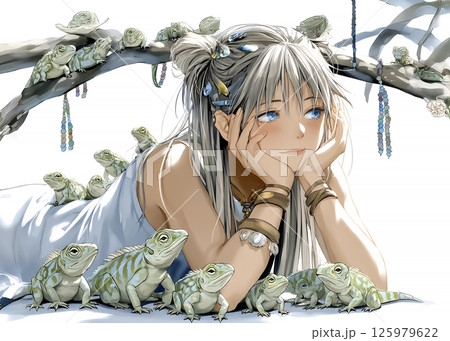 カメレオンを見つめるカメレオンの妖精のイラスト素材 125979622